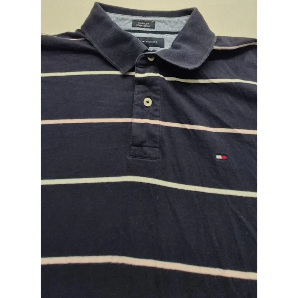 Tommy Hilfiger men's navy blue‎ striped polo shirt XL 100% Cotton Custom Fit